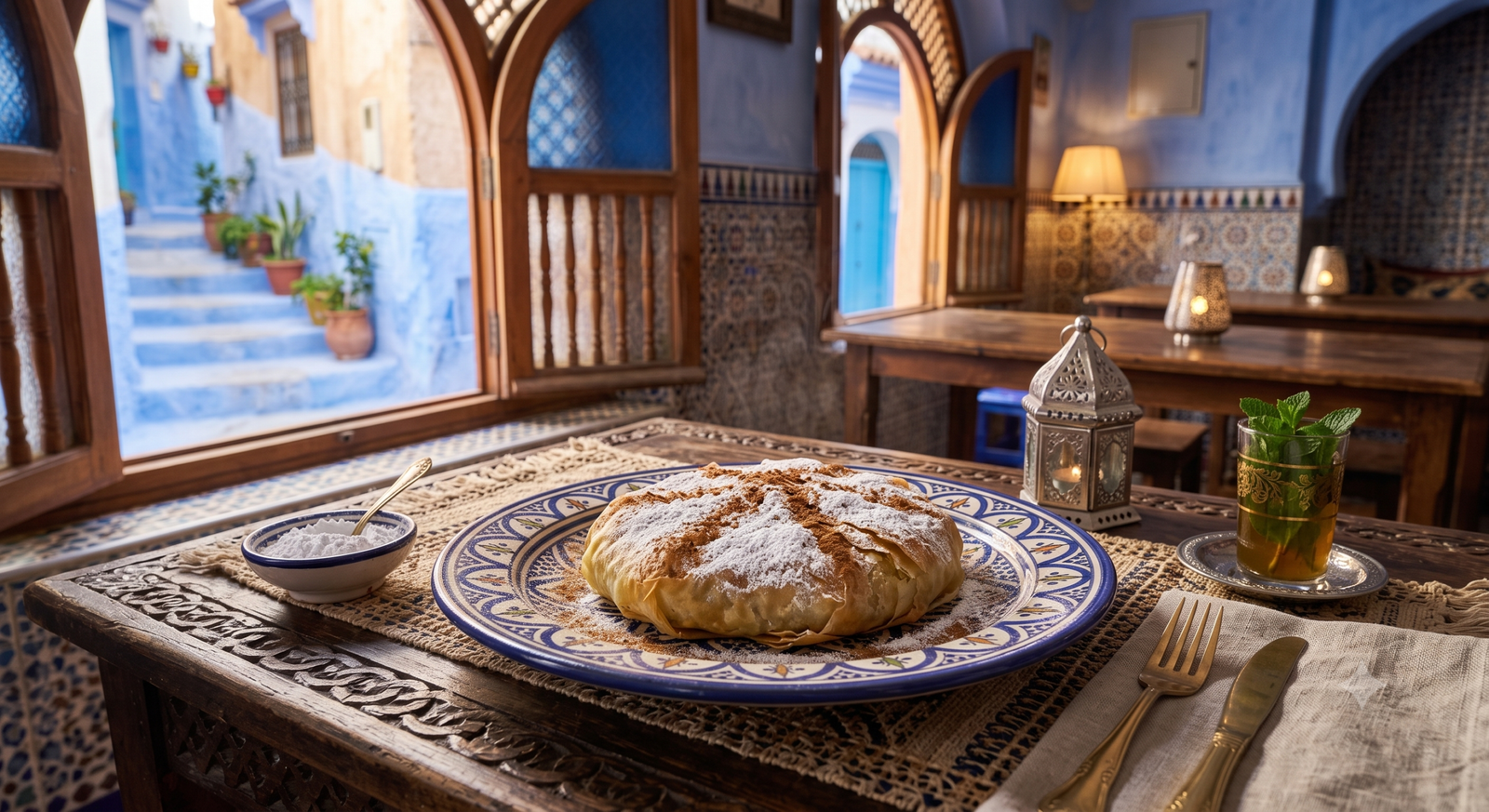 Traditional Moroccan mint tea served f a silver teapot overlooking the Rif mountains