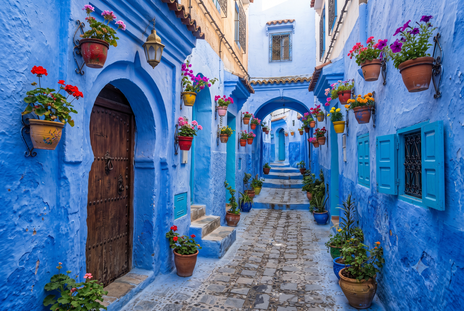 Spanish Mosque overlooking Chefchaouen Blue City Morocco at golden hour sunset view