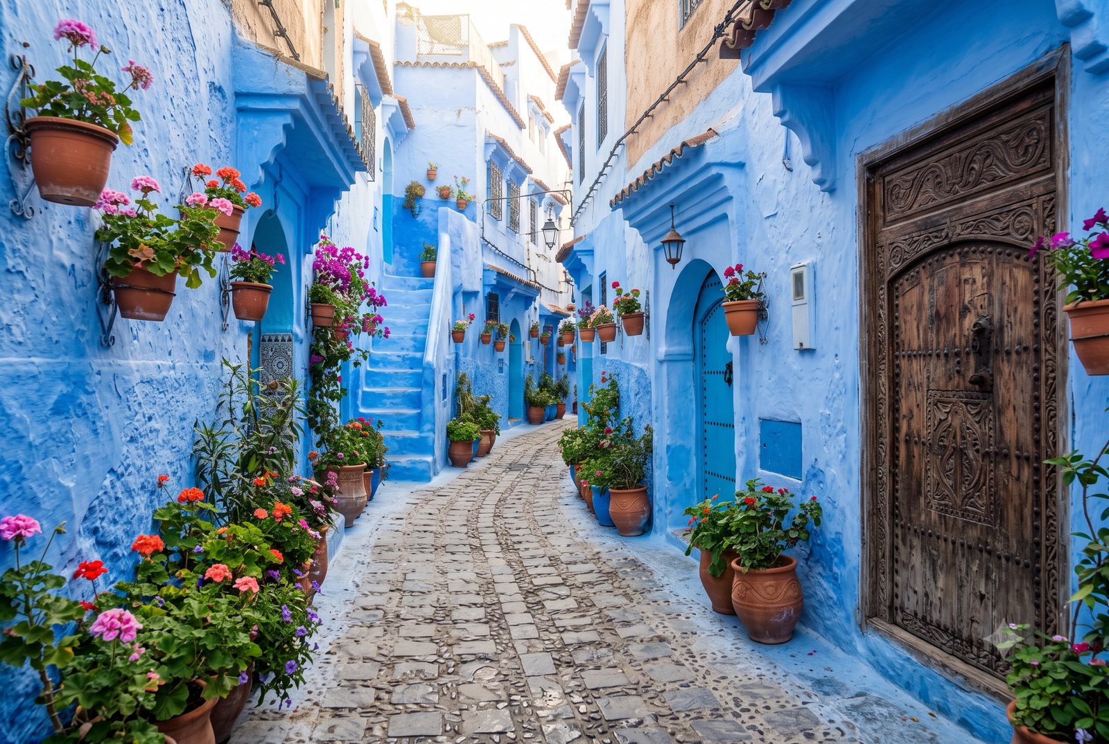 Traveler exploring the blue streets of Chefchaouen Medina Blue City Morocco