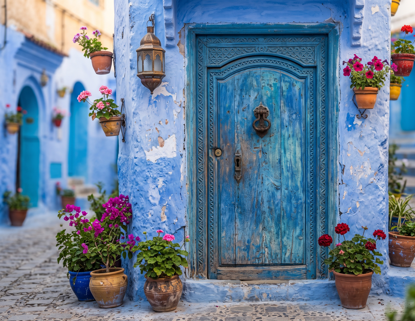 Panoramic view of the narrow indigo streets inside Chefchaouen Medina Morocco