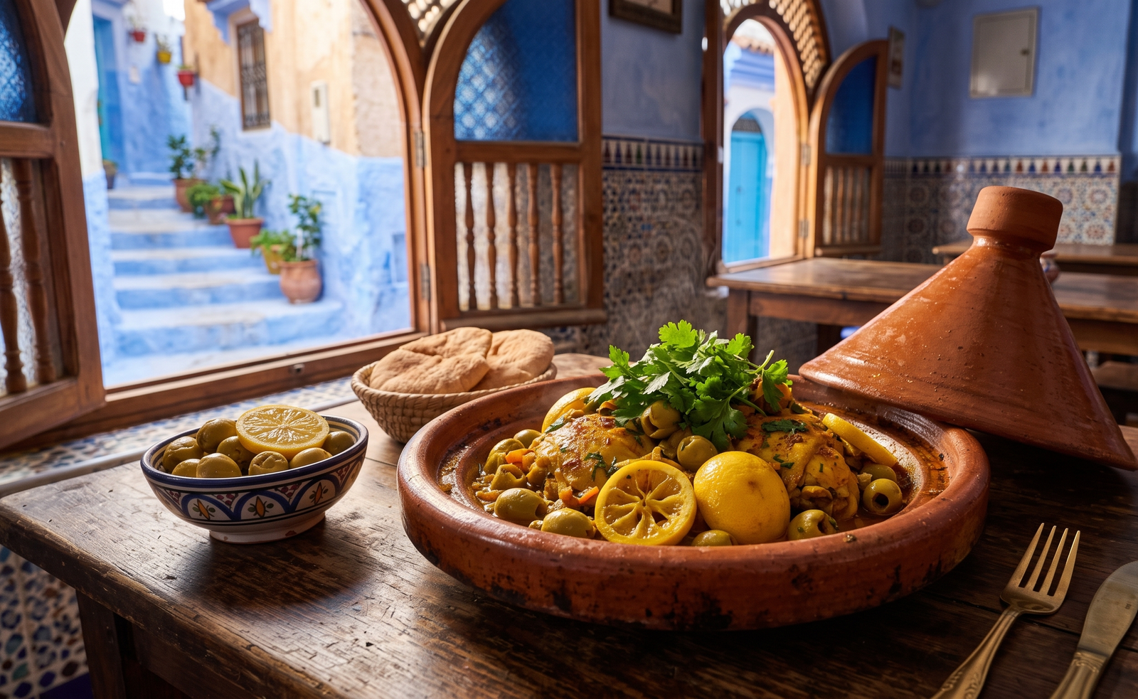 Tajine d'agneau traditionnel aux pruneaux servi au Restaurant Bab Ssour à Chefchaouen