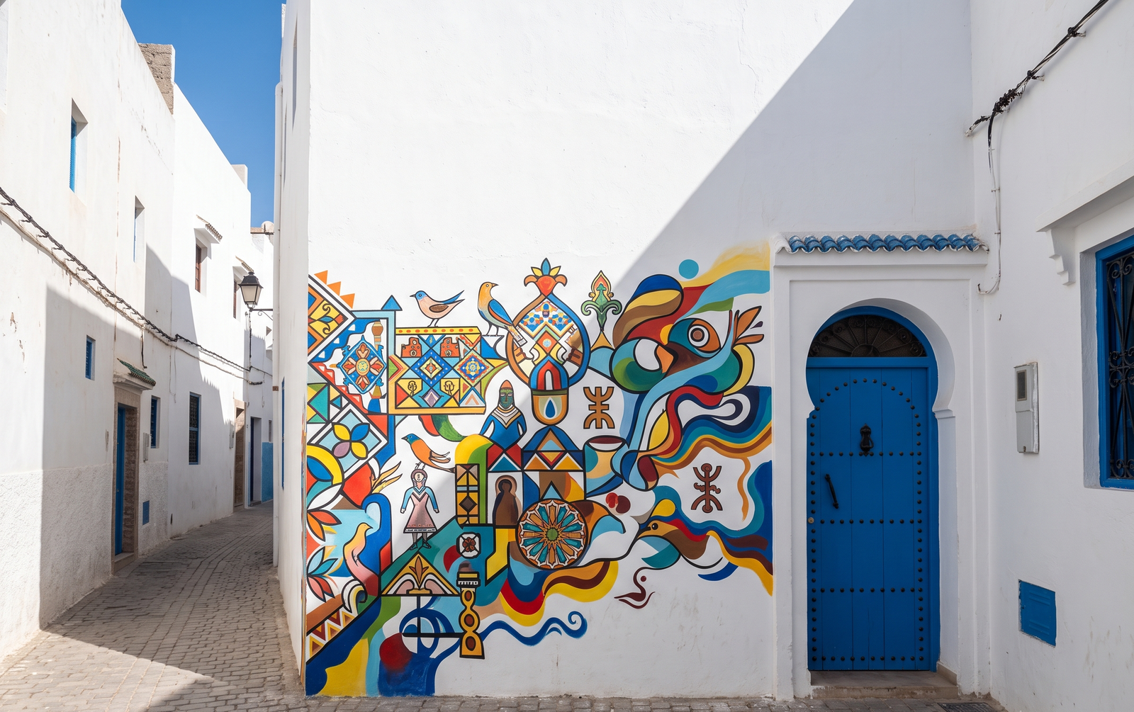 Asilah Morocco Medina narrow white and blue alleys.