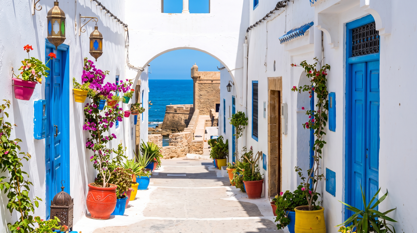 Asilah Morocco Medina with its stunning oceanfront fortifications and white houses.