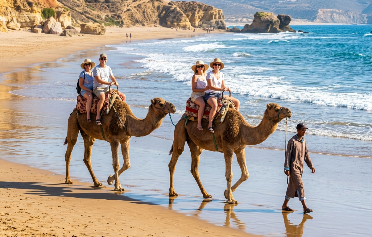 Camel ride at Paradise Beach Asilah in Morocco