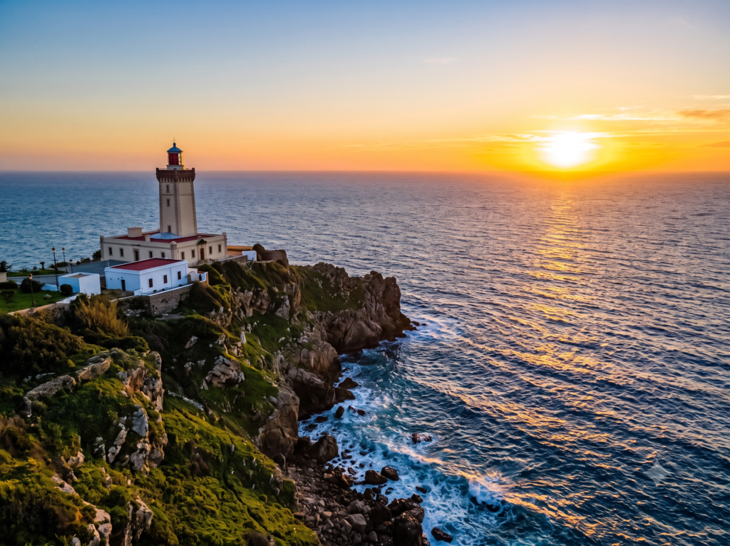 Excursión de un día a Tánger desde España: Guía Perfecta 5 Lighthouse overlooking ocean at sunset