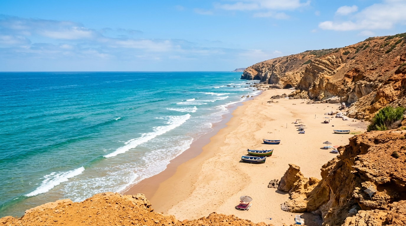 Paradise Beach Asilah golden sand and ocean waves.