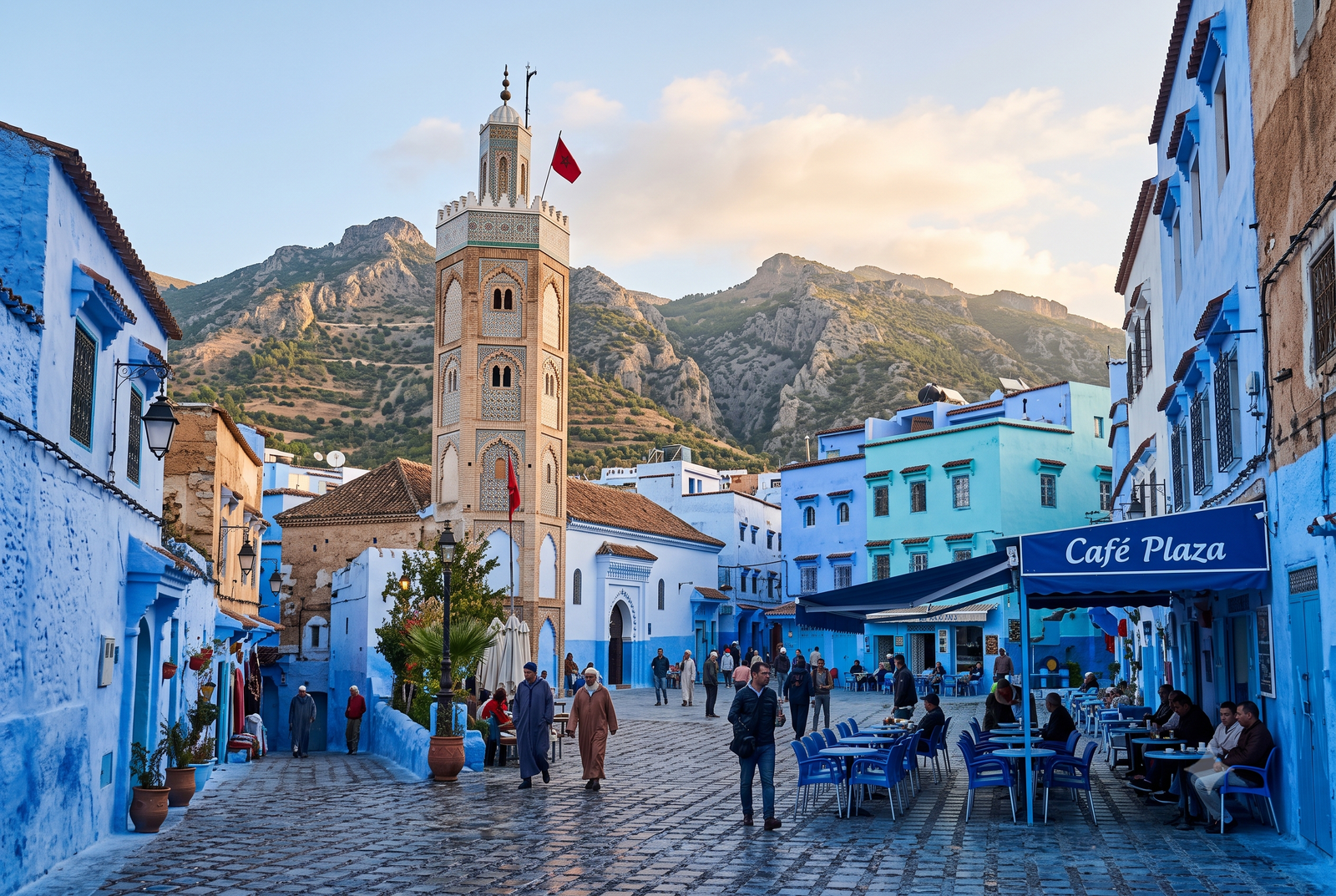 Plaza Uta el-Hammam and Grand Mosque in Chefchaouen Blue City