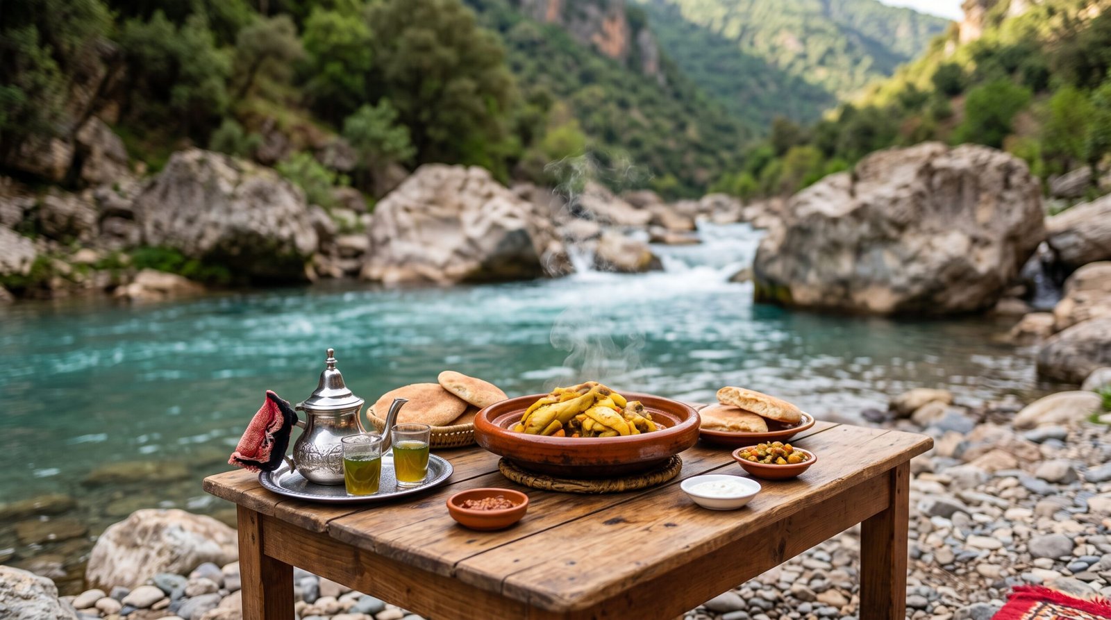 Traditional Moroccan tajine served beside the river in Akchour