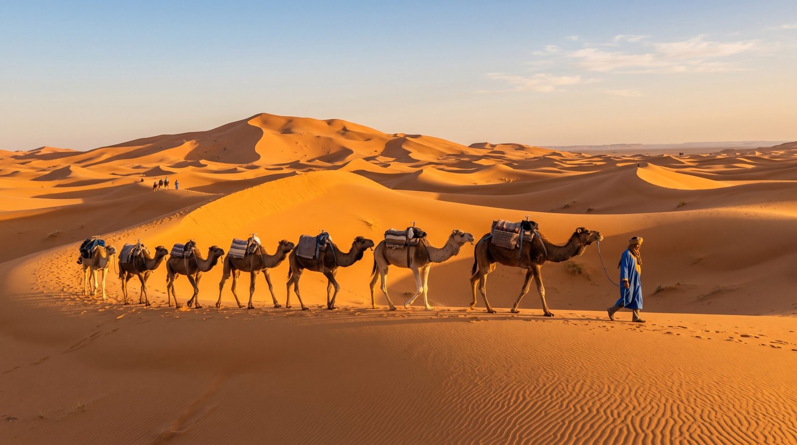 Caravane de chameaux traversant les grandes dunes de sable d'Erg Chebbi à Merzouga