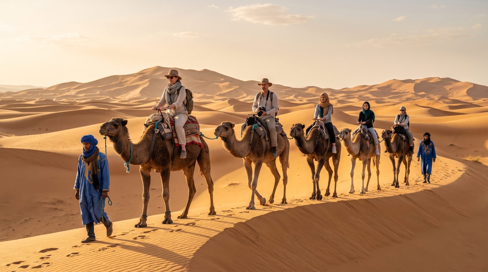 Camel caravan trekking across the golden sand dunes of Erg Chebbi Merzouga