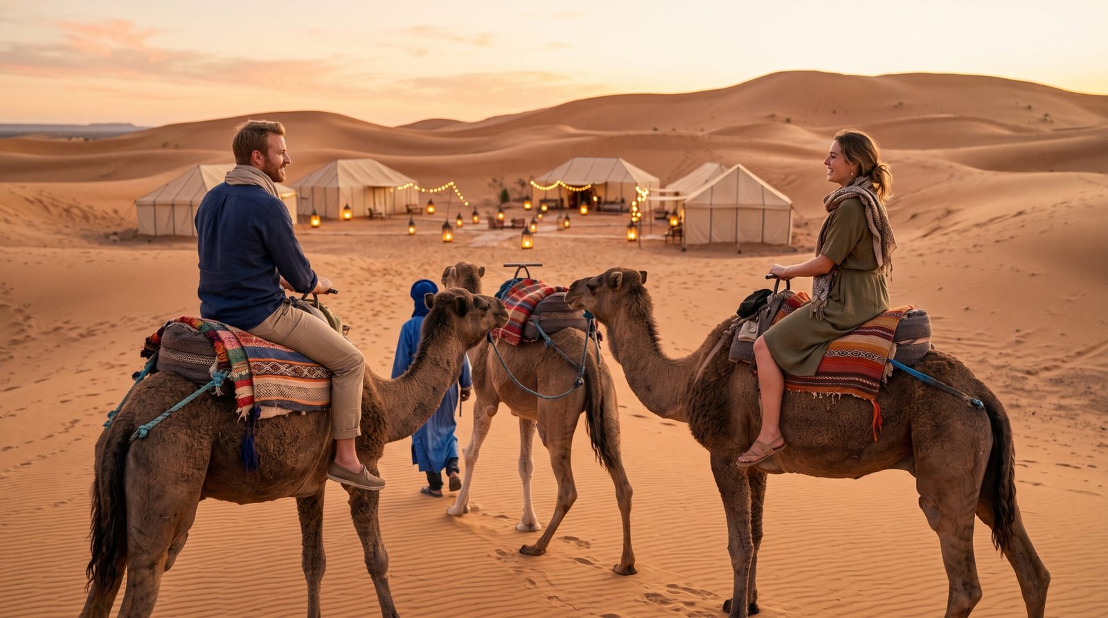 Camel trekking to a luxury desert camp in Merzouga