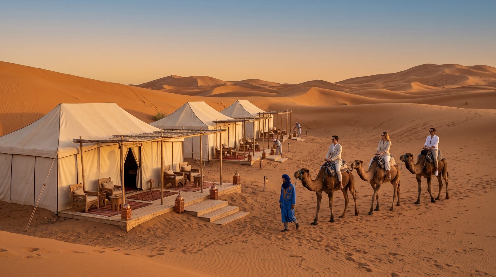 Campement de tentes de luxe dressé au creux des dunes de Merzouga