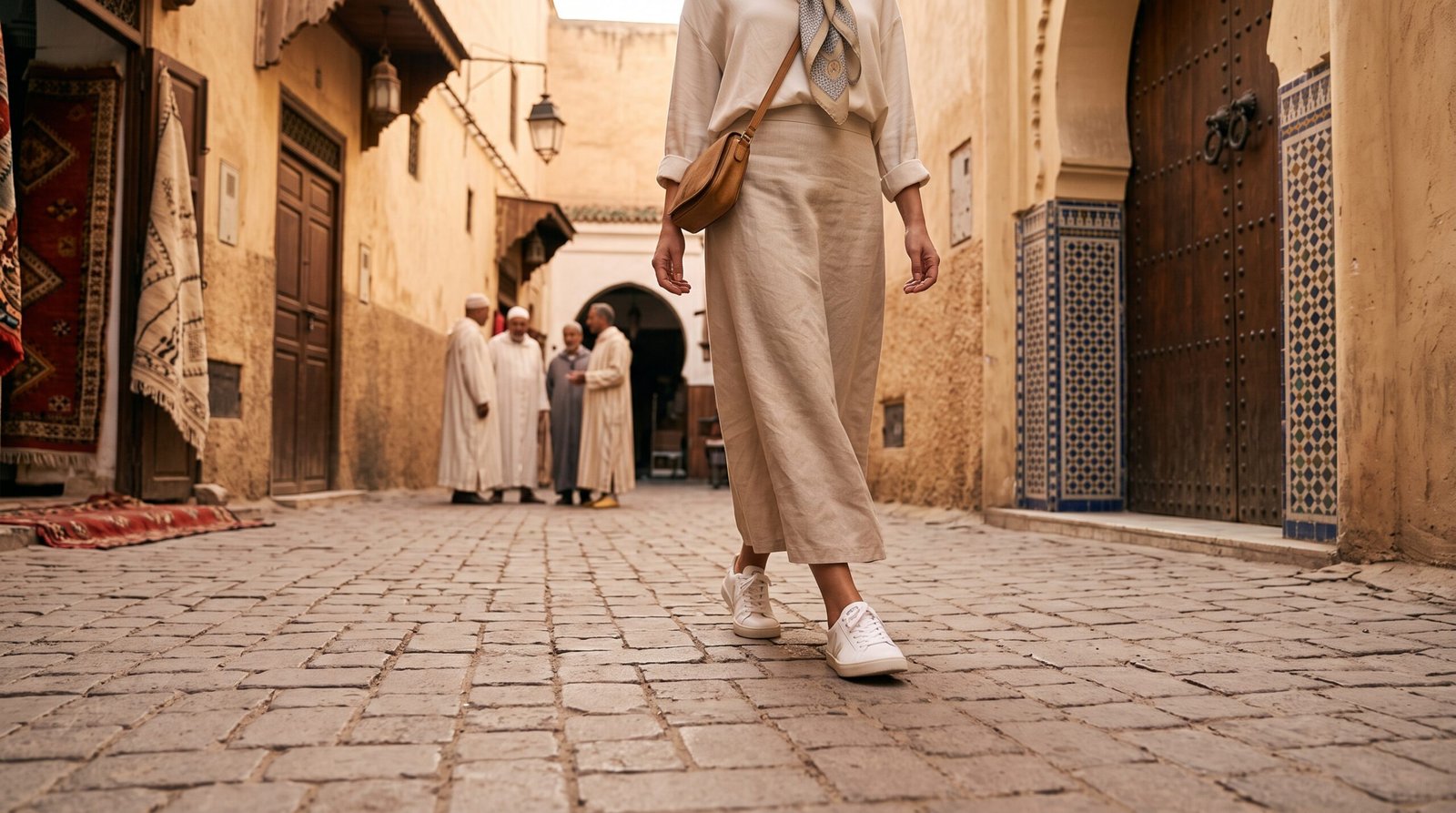 Voyageur portant une tenue décontractée en lin au Maroc