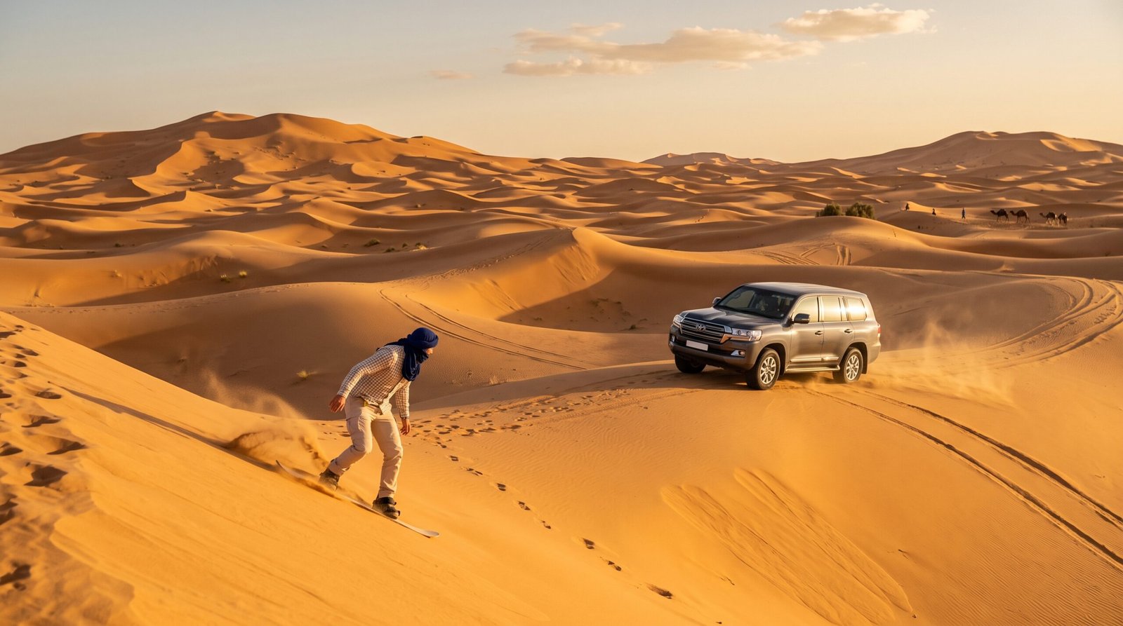 4x4 desert adventure and sandboarding down the dunes of Erg Chebbi