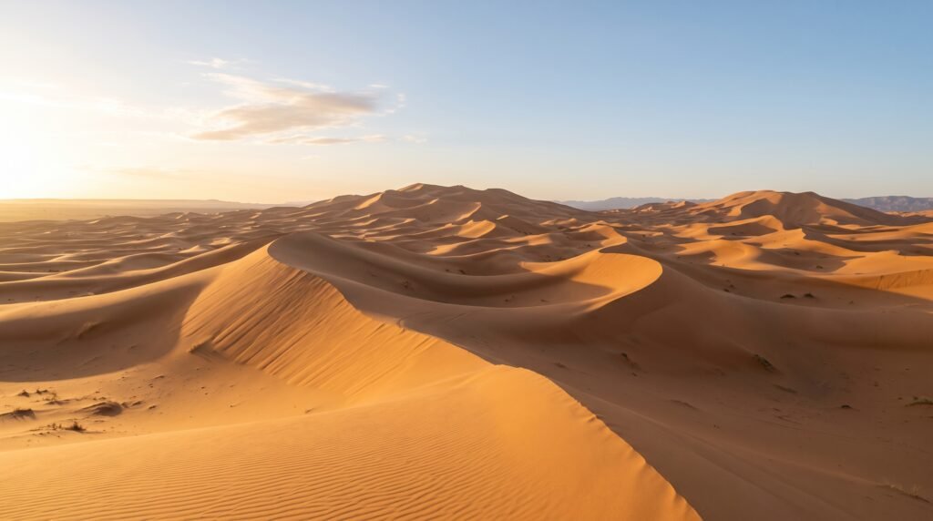 Elementor #3245 7 Golden sand dunes under a sunset.