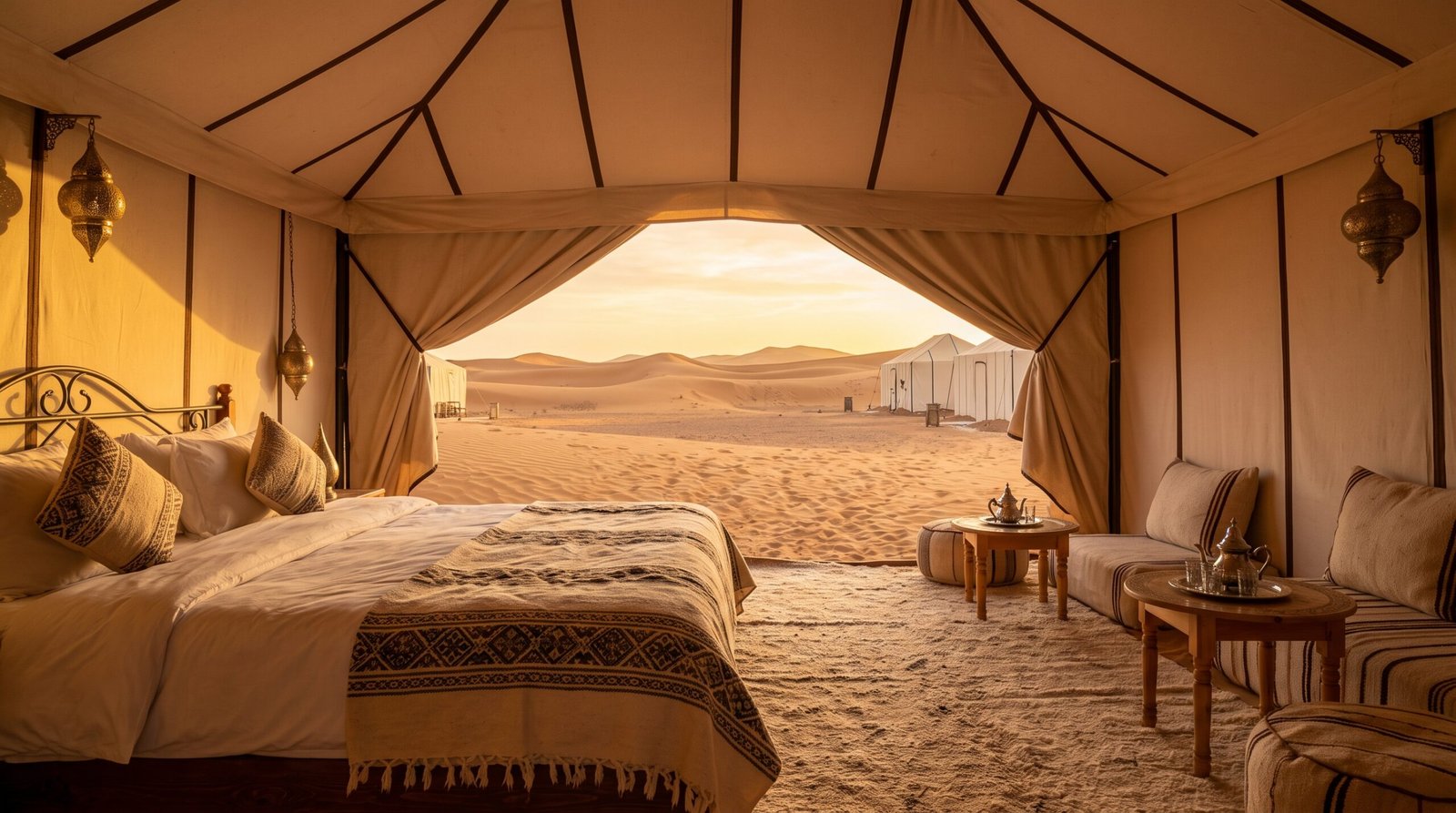 Luxury desert glamping camp nestled among the dunes of Erg Chebbi Merzouga