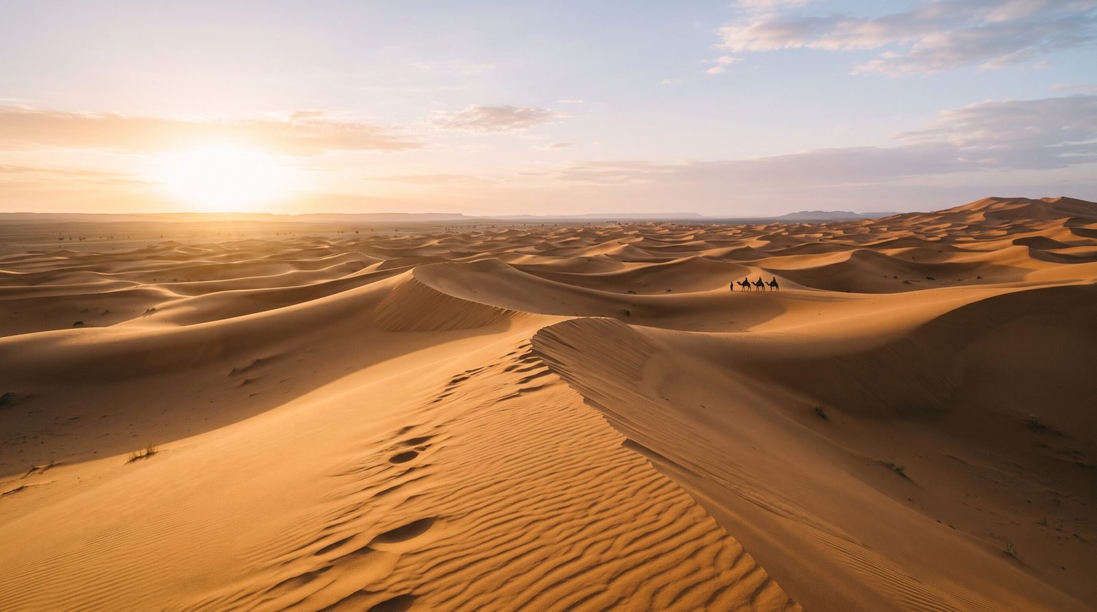 Breathtaking Sahara sunrise over the majestic Erg Chebbi sand dunes