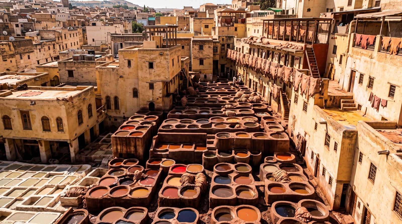 Historic Chouara Tannery with natural dye vessels in Fes Medina Morocco