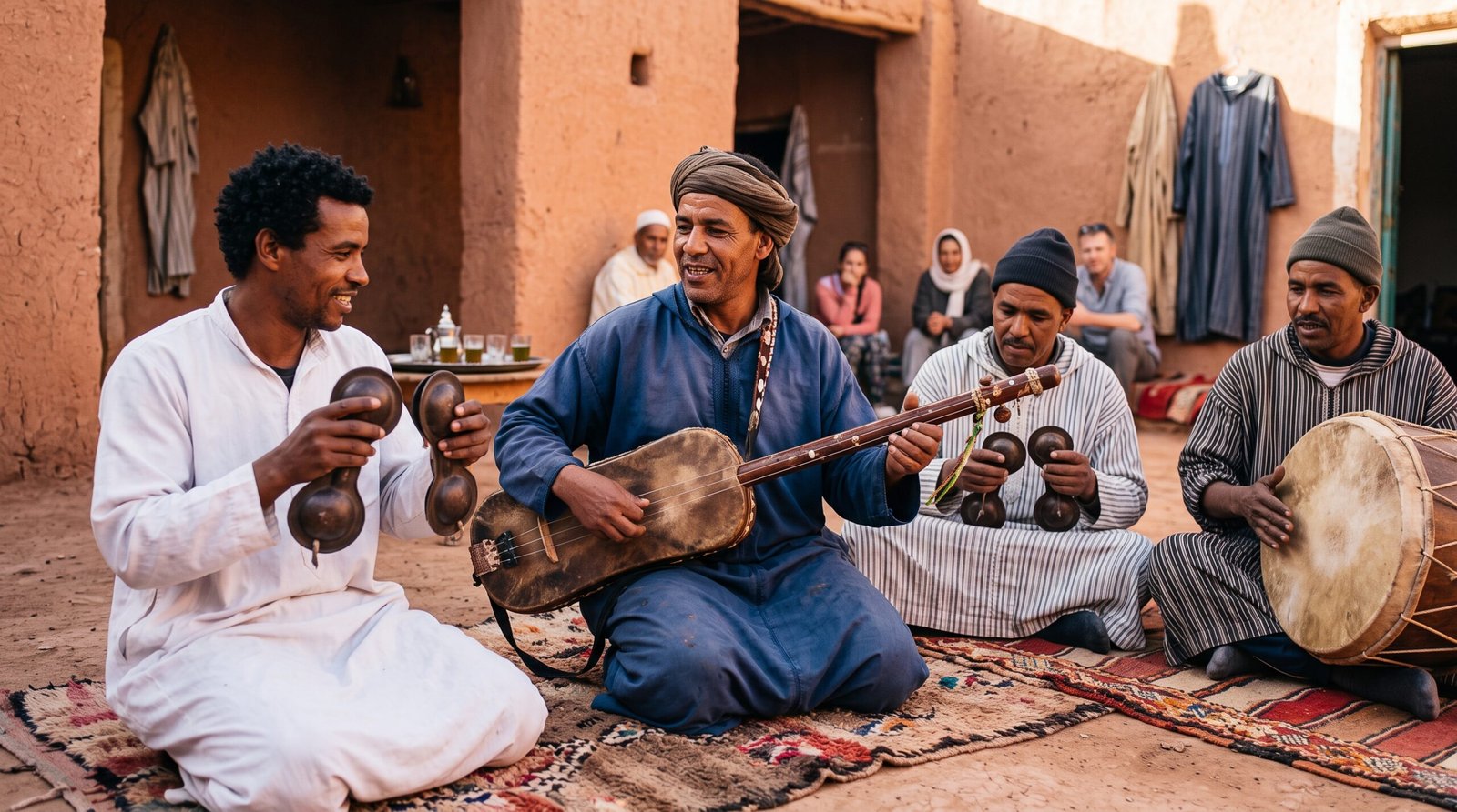Gnawa musicians performing traditional music in Khamlia village near Merzouga
