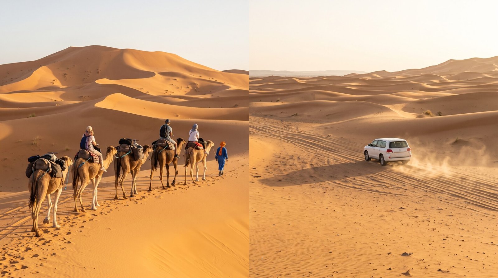 Véhicule 4x4 tout-terrain roulant dans le désert de Merzouga comme alternative aux chameaux