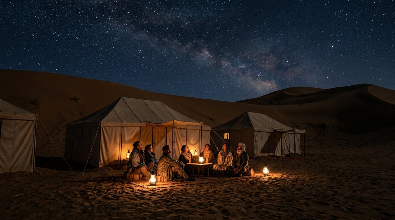 Ciel étoilé et observation de la Voie Lactée depuis un bivouac à Merzouga