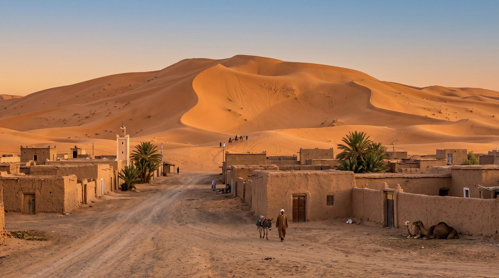 Merzouga village and Erg Chebbi Sahara dunes in southeastern Morocco