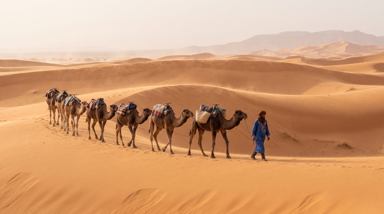 Vent et sable soufflant sur les crêtes des dunes de l'Erg Chebbi à Merzouga