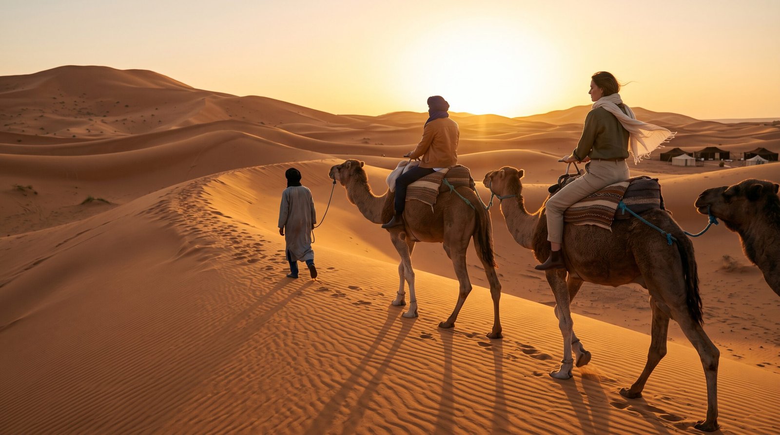 Randonnée chamelière au coucher du soleil à Merzouga sur les dunes de l'Erg Chebbi