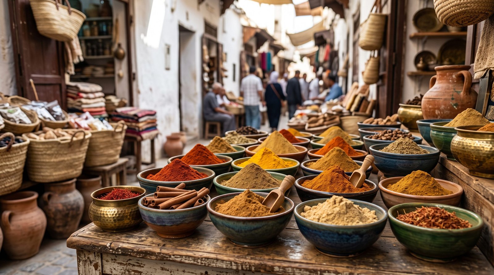 Moroccan spices and traditional seasonings in a Tangier market