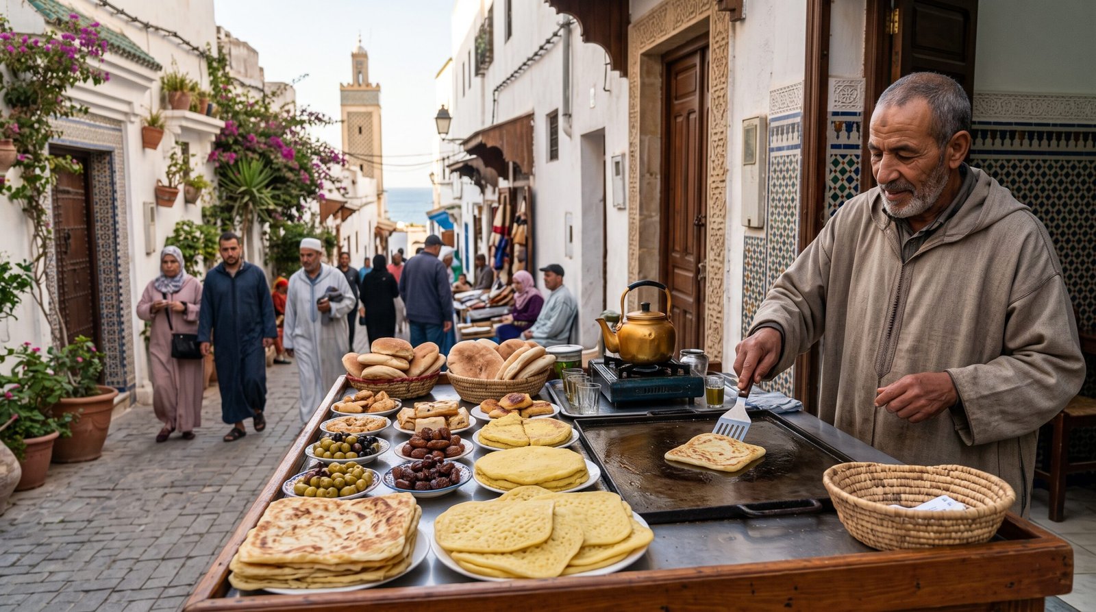 Moroccan street food including msemmen in Tangier Medina
