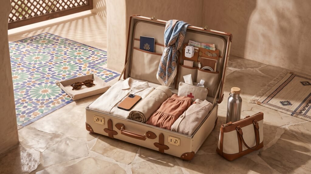 Morocco Packing List 2026: What to Wear & Ultimate Travel Checklist 19 Open suitcase with neatly packed items