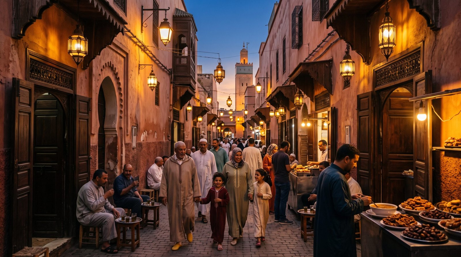 Médina marocaine pendant le Ramadan au coucher du soleil