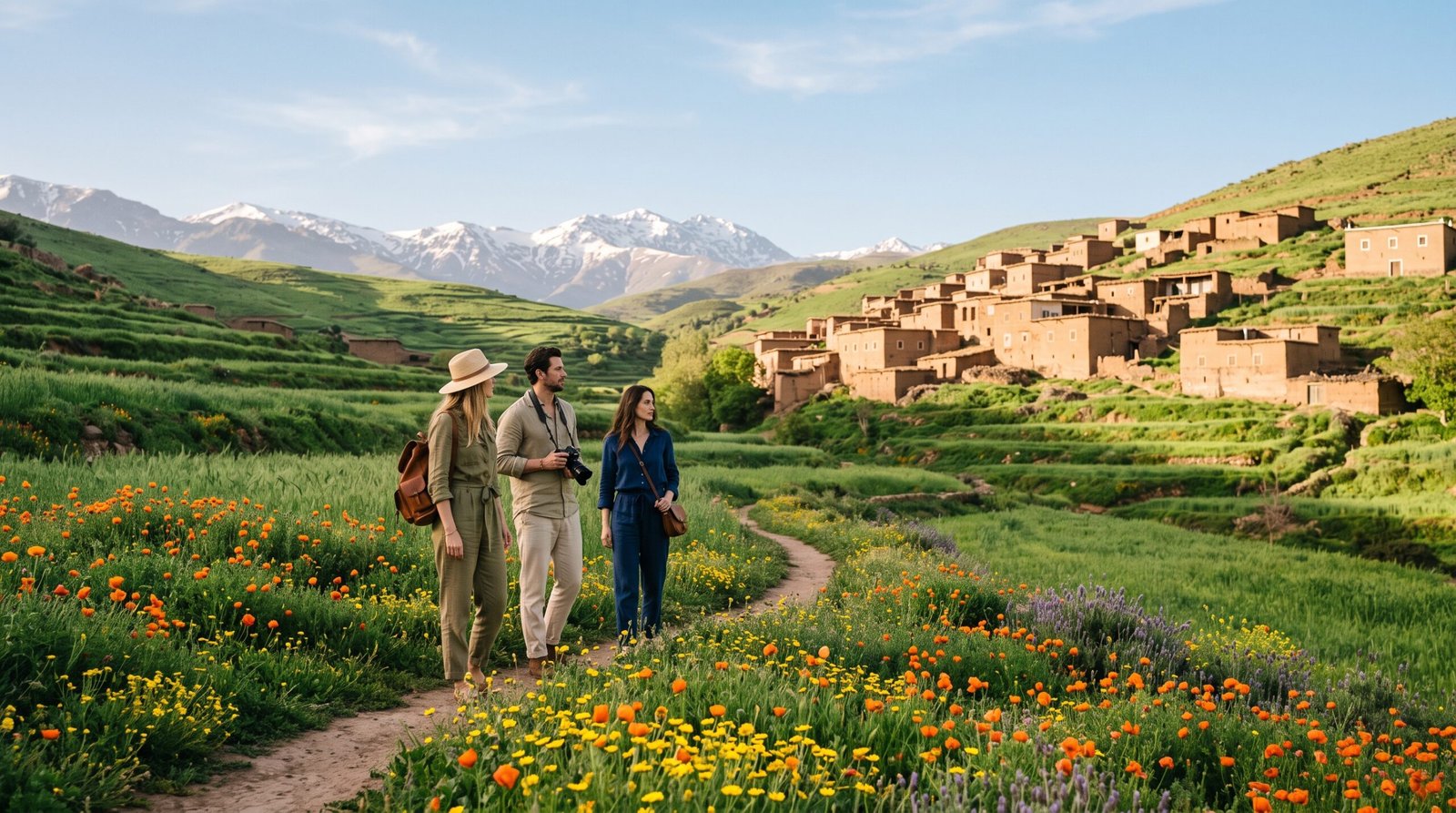 Le Maroc au printemps avec les montagnes de l'Atlas verdoyantes et fleurs sauvages