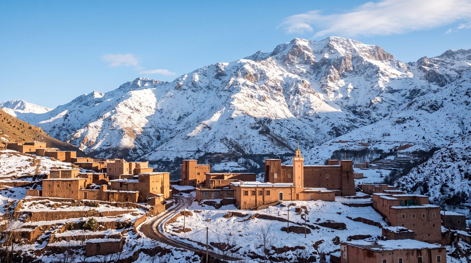 Le Maroc en hiver avec les montagnes enneigées du Haut Atlas
