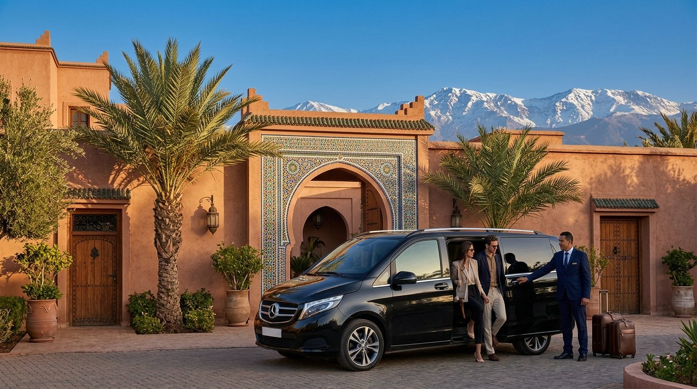 Comfortable modern tourist transport vehicle on a scenic mountain road in Morocco