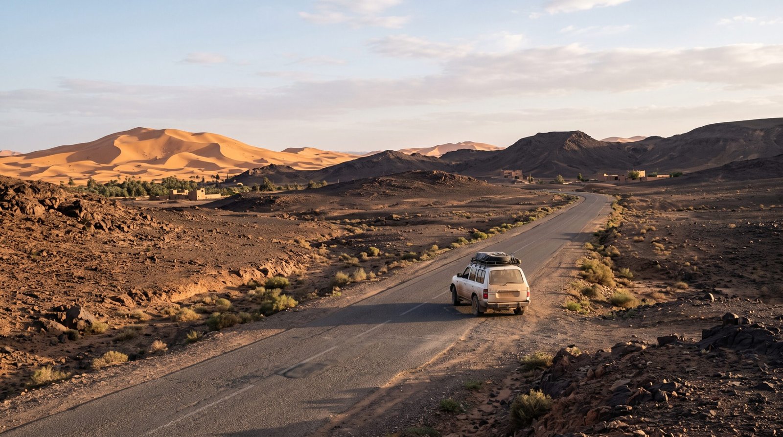 Scenic scenic road trip highway leading toward Merzouga and the Erg Chebbi desert