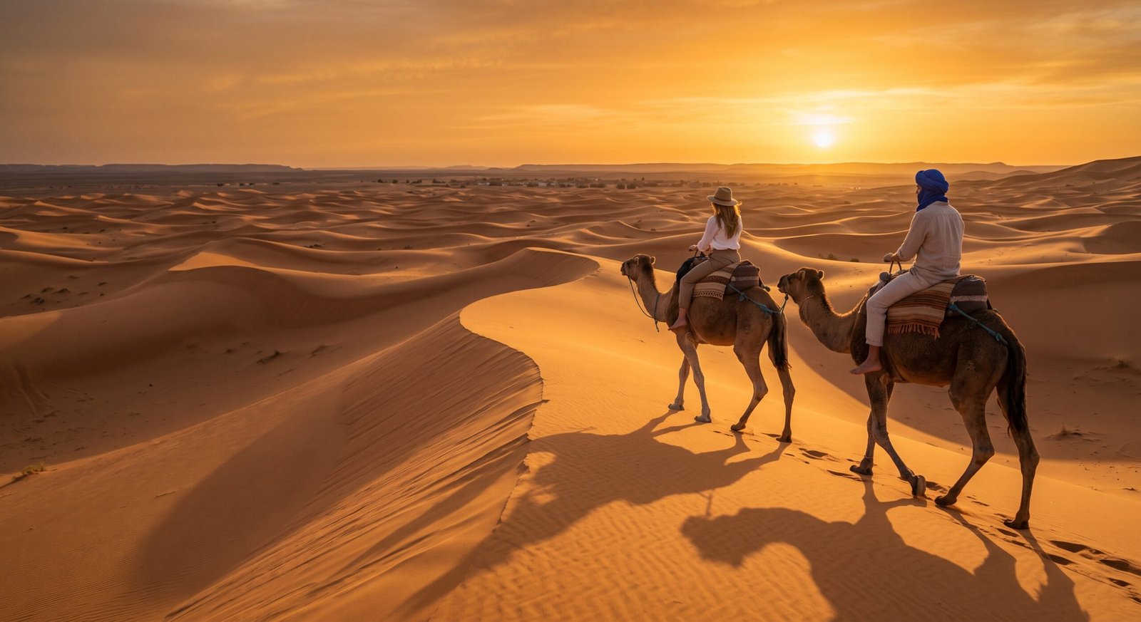 Randonnée chamelière au coucher du soleil doré dans les dunes de Merzouga