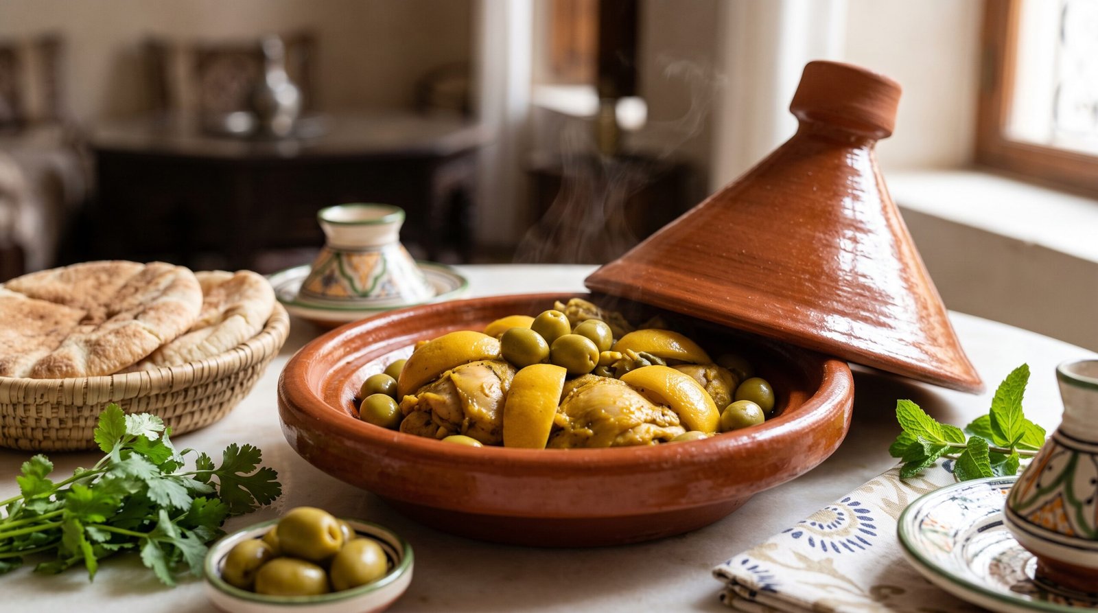 Traditional Moroccan chicken tagine with preserved lemon and olives