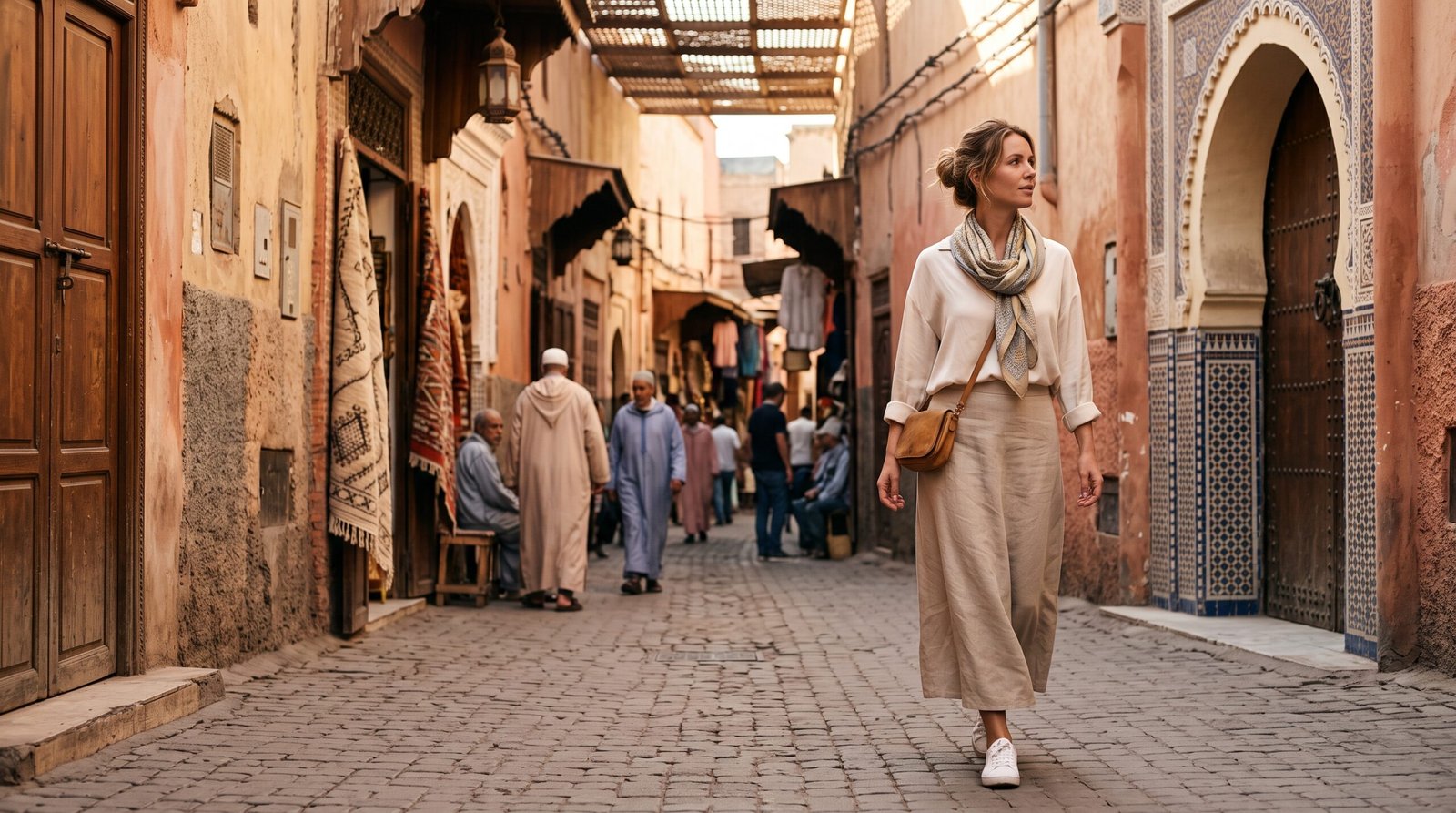 Voyageuse portant des vêtements confortables et couvrants dans une médina marocaine