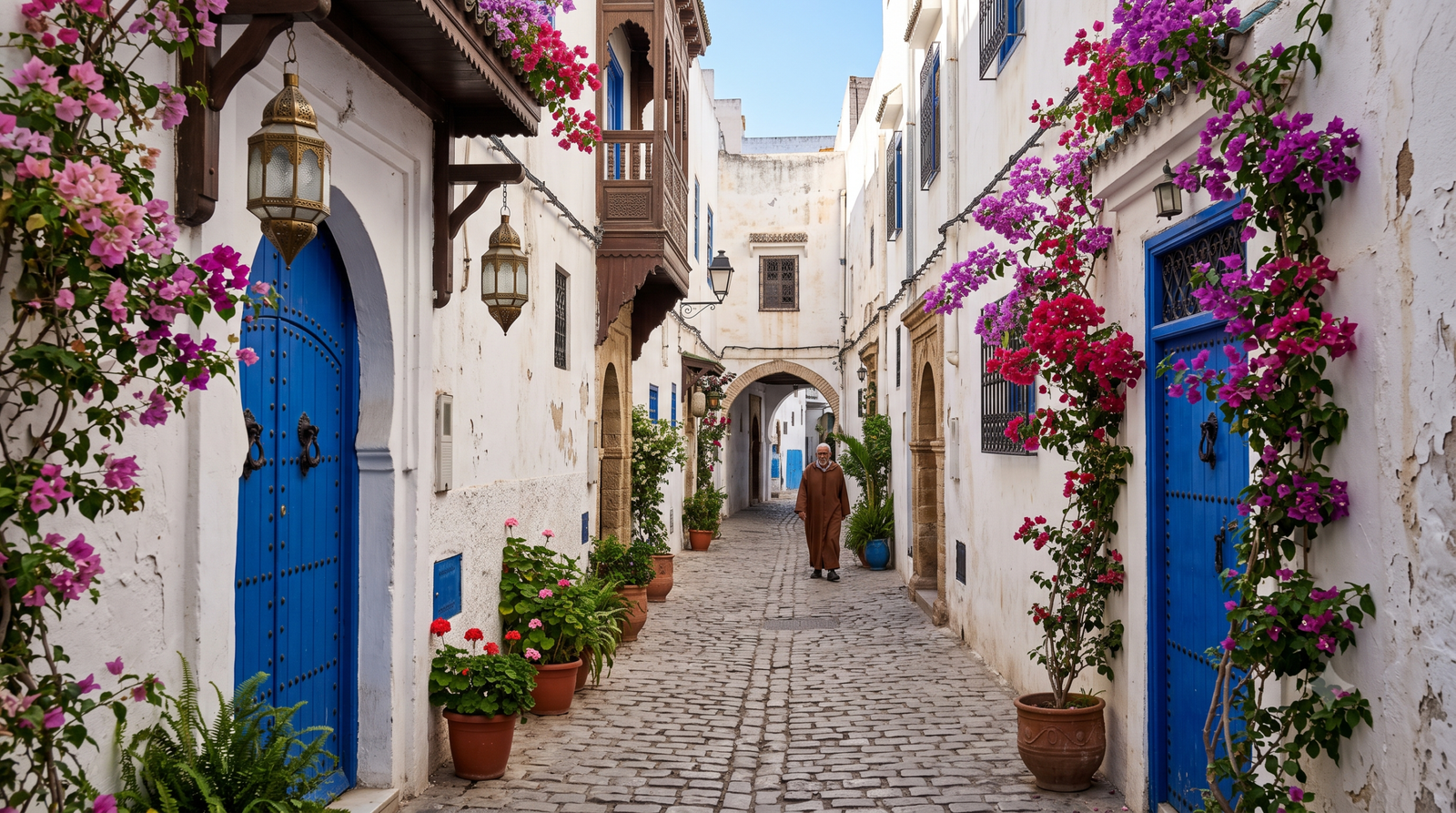 Elementor #3320 4 Picturesque whitewashed street and blue doorways inside the historic Kasbah of Tangier