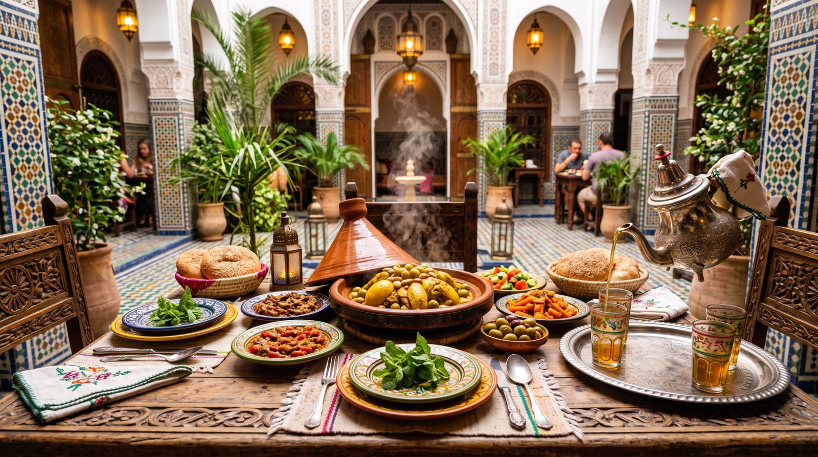 Elementor #3320 5 Authentic Moroccan lunch with steaming tagine and mint tea in a traditional Tangier restaurant